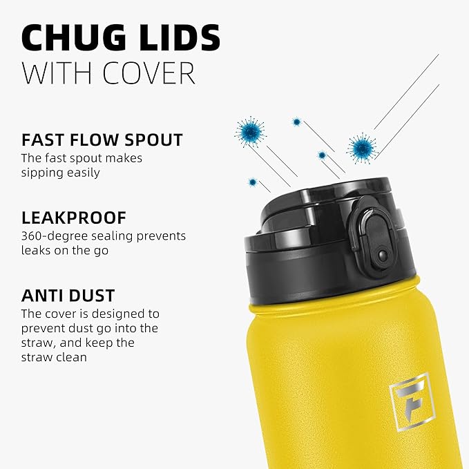 Fanhaw 32 oz Insulated Stainless Steel Water Bottle with Anti-Dust Chug Lid, Leakproof Vacuum Sports Bottle for Men & Women (Yellow)