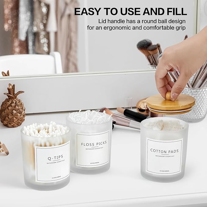 3 Pack Qtip Holder Bathroom Set with Tray,13.5oz Cotton Round Ball Pad Holder Cotton Swab Floss Pick Dispenser,Glass Apothecary Jars Canisters with Lids,Bathroom Organizers and Storage Container