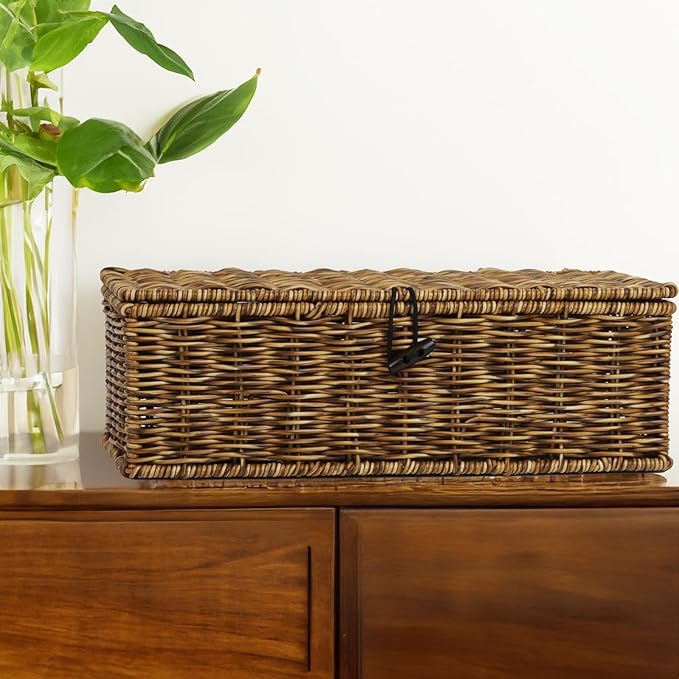 Waterproof Wicker Storage Basket with Lid, Rectangular Tank Woven Baskets with Sections, Decorative Box for Snack Toys Bathroom (Brown)