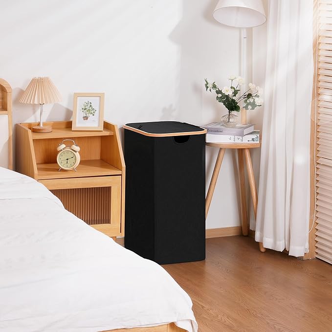 Slim Laundry Basket with Lid, Narrow Dirty Clothes Hampers for Laundry with Handle, Skinny Laundry Bin for Laundry Room, Dorm, Bedroom and Bathroom, 26.4 Gallon (100L) Black
