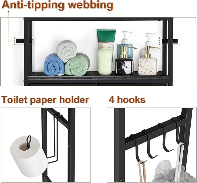 YBING Black Over The Toilet Storage Cabinet, Over Toilet Bathroom Organizer Freestanding, Above Toilet Storage Cabinet, Over Toilet Storage Shelf with Drawers