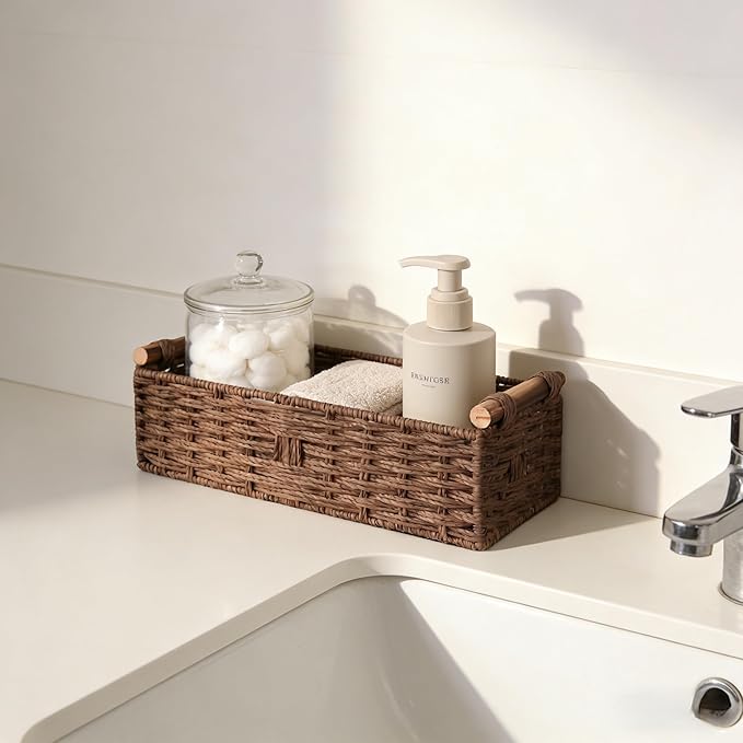 Toilet Tank Basket, Brown Wicker Toilet Paper Storage Basket (Holds 2 Rolls), Handwoven Paper Rope Bathroom Basket Organizer with Wooden Handles, Basket for Top of Toilet, Over Toilet Shelf & Counter