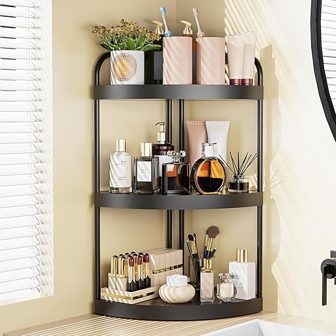 Abiglifty Corner Bathroom Counter Organizer, No Drill 3-Tier Corner Shelf Bathroom Counter, Space-Saving Countertop Organizer, Corner Counter, Vanity Organizers (Black)