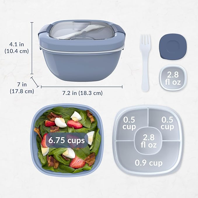 Bentgo Salad Container - 54 oz Bowl with 4-Compartment Toppings Tray, Leak-Proof Dressing Container, Reusable Fork, BPA-Free Lunch Box for Meal Prep & Food Storage; Removable Bento Tray (Slate)