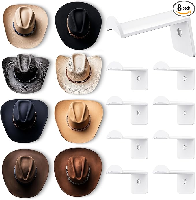 2.8 Inch Hat Hooks for Wall - (8 Pack) Cowboy Hat Rack, Strong Adhesive Cap Holder, Organizer for Baseball Caps, Western Room Decor - White