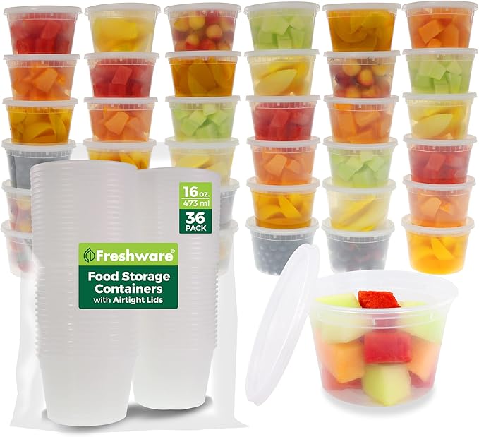 Freshware Food Storage Containers [36 Set] 16 oz Plastic Deli Containers with Lids,Slime,Soup,Meal Prep-Containers | BPA Free | Stackable-| Leakproof-| Microwave/Dishwasher/Freezer Safe,(Pack of 10)