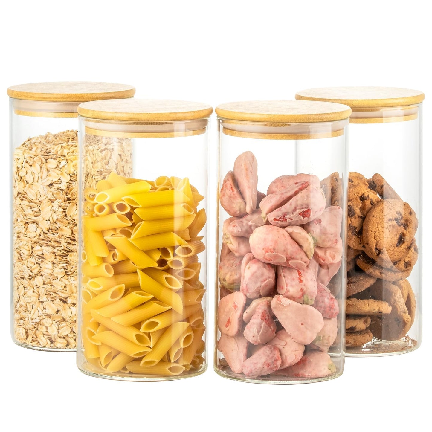 HeipokLife 4 Pack 42oz Glass Jars with Bamboo Lids,Glass Storage Containers with Lids,Clear Airtight Food Storage Jar for Flour,Oat,Coffee,Tea,Sugar,Cookies,Pantry Organizers 3mm Thick Canisters
