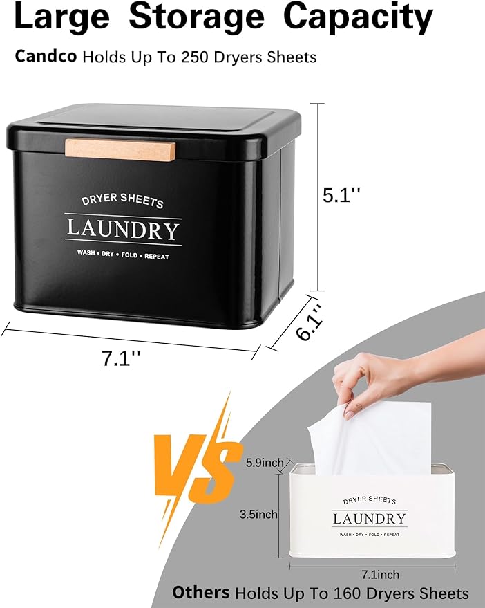Dryer Sheet Holder with Hinged Lid for Laundry Room Organization, Metal Farmhouse Dryer Sheet Container, Dryer Sheet Box Laundry Room Decor & Accessories (Black)