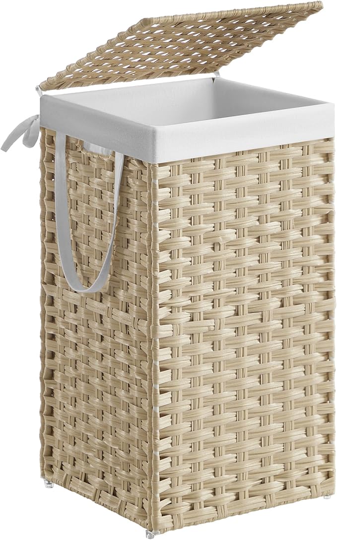 SONGMICS Laundry Hamper with Lid, 17.2 Gallon (65L) Synthetic Rattan Clothes Laundry Basket with Lid and Handles, Foldable, Removable Liner, Summer Sand ULCB165LZ01