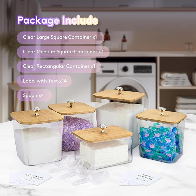 5 Pack Laundry Pod Containers and Dryer Sheet Holder for Laundry Room Organization Acrylic Jars with Lids and Labels for Laundry Detergent Laundry Pods Dry Sheet Organizing