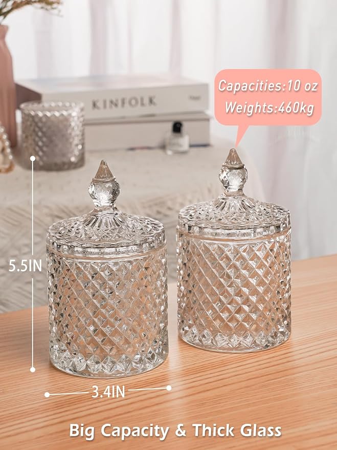 Jenseits 2-Pack Crystal Apothecary Jars with Lid, Cotton Ball Holders and Qtip Holder for Home Decor