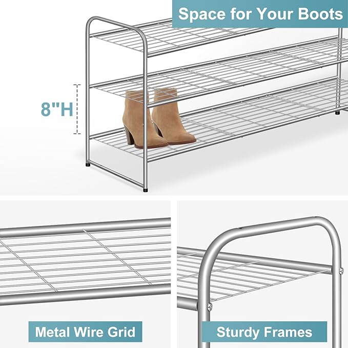 AOODA 3-Tier Long Shoe Rack for Closet Metal Wide Shoe Storage Organizer for Entryway, Bedroom, Floor, Holds 24 Pairs Men Sneakers Stackable Boot Shelf with Wire Grid, Grey