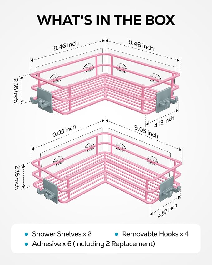 Nieifi Adhesive Corner Shower Caddy Shelf Basket Rack with Hooks, Rust Proof Stainless Steel Bathroom Shelf Shampoo Holder No Drilling (Pink)