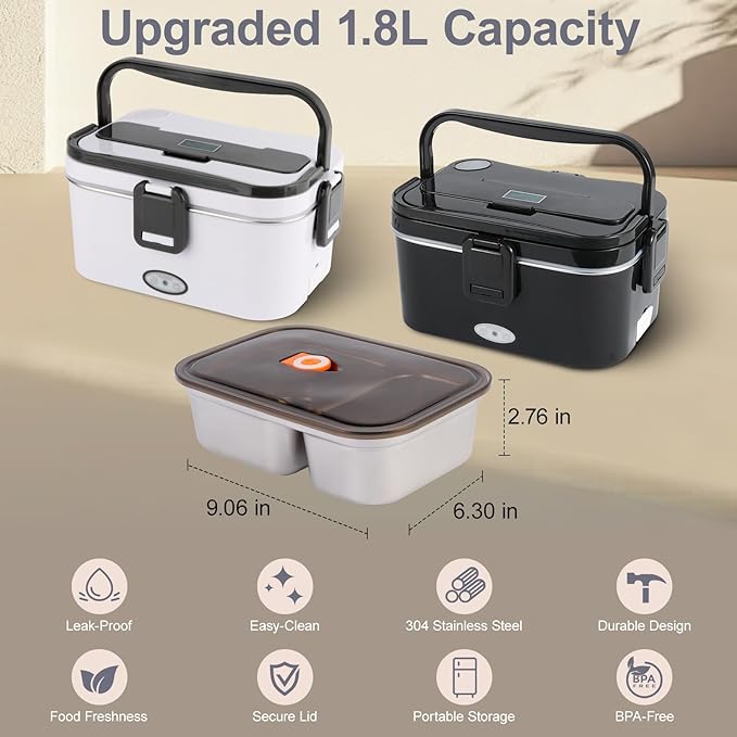 1.8L Stainless Steel Inner Container with Lid – Dual Compartment, Removable, Dishwasher Safe, Compatible with 1.8L Electric Heated Lunch Box
