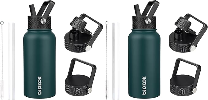 BJPKPK Insulated Water Bottles with Straw Lid, 27oz Stainless Steel Water Bottle with 3 Lids, Leak Proof BPA Free Metal Thermos Mug, Sports Water Bottle Keep Cold & Hot- Army Green (Pack of 2)