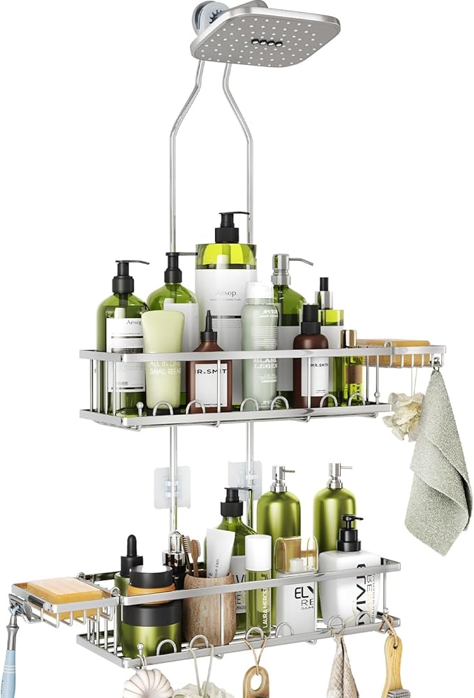 Shower Caddy Hanging: Adjustable Height, Rustproof Shelves with Hooks, 2 Soap Holders - Silver Shower Organizer Over Showerhead