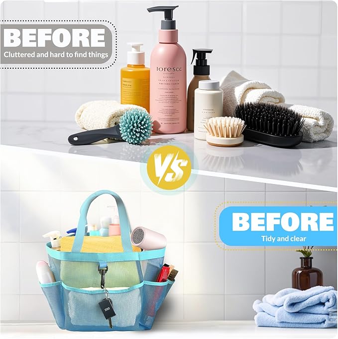 Mesh Shower Caddy Portable for College Dorm Room Essentials with 8 Pockets, Shower Bag for Beach, Swimming, Gym, Travel, Bathroom(All blue)