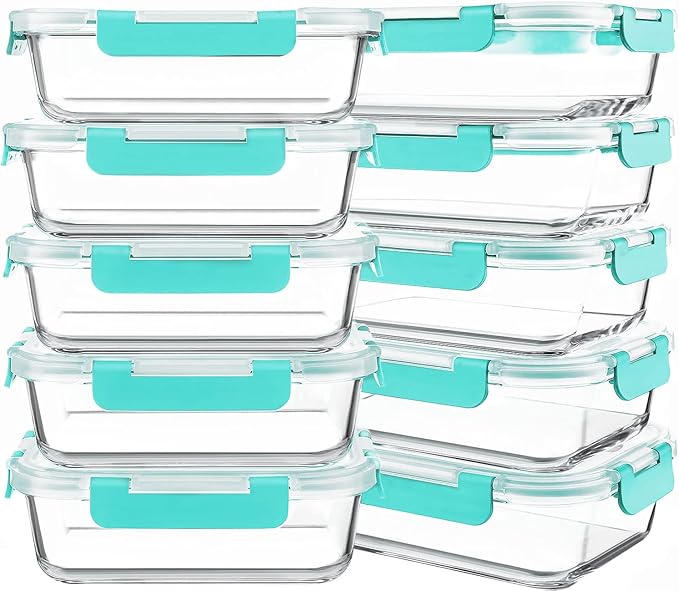 KOMUEE 10 Packs 30 oz Glass Meal Prep Containers with Lids, Green