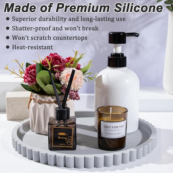 Silicone Bathroom Countertop and Vanity Tray-10 Inch Round Silicone Bathroom Tray, Modern Bathroom Decor, Coffee Table Decor, Decorative Tray for Candle, Perfume, Plants (Grey)