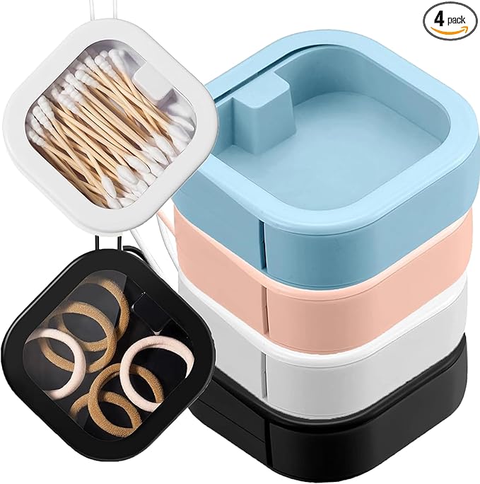 4pcs Hair Tie Organizer,Portable Travel Qtip Holder,Bathroom Storage Organizer Qtip Dispenser Cotton Swabs Dispenser Kids Hair Accessory Box with Lid for Bathroom,Desktop Organizer(Multicolor)
