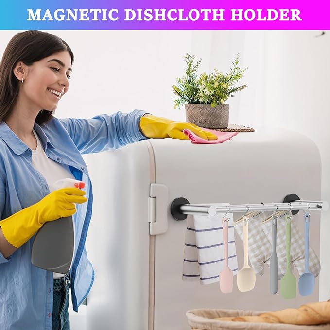 ULIBERMAGNET Magnetic Double Towel Bar, Adjustable Silver Heavy Duty Towel Holder, 22LB Capacity Non-Slip Magnetic Dishcloth Rod Rack for Refrigerator, Dishwasher, Laundry, RV, Kitchen