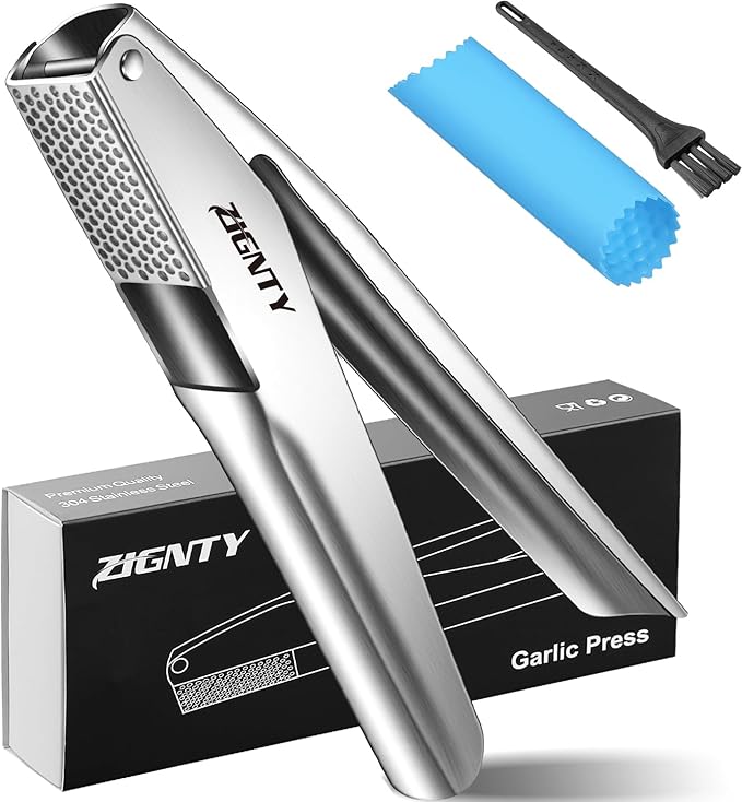 ZIGNTY Garlic Press Stainless Steel, Professional Crusher No Peel Required