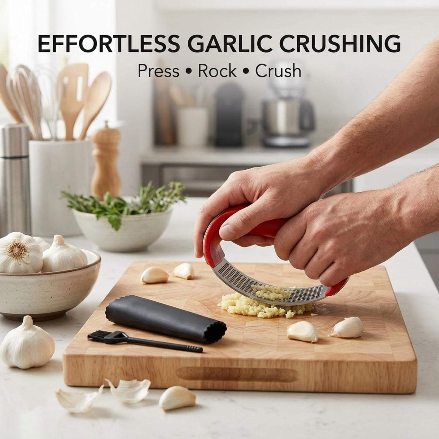Angel's Peel Lounge Stainless Steel Garlic Press Rocker Set with Silicone Garlic Peeler & Cleaning Brush – Garlic Chopper, Mincer, Grater, Crusher – Easy for Crushed Cloves – Rust-Resistant, Green
