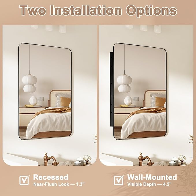 20x28 Inch Medicine Cabinet with Mirror for Bathroom, Black Aluminum Bathroom Medicine Cabinet, Recessed or Wall Mount Medicine Chest Over Sink, Modern Farmhouse Style, Fully Assembled