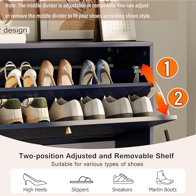 Shoe Storage Cabinet for Entryway with 2 Flip Drawers, Narrow Wood Shoe Cabinet with Fluted Panel, Freestanding Hidden Shoe Organizer for Foyer, Hallway (Blue - with Shelf)