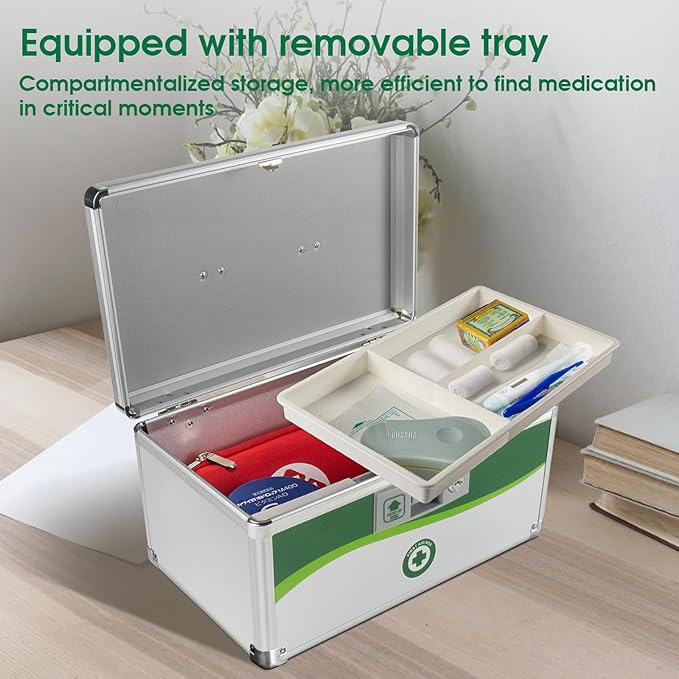 Medicine Lock Box, First Aid Safe Medication Storage Box, Layered Aluminum Daily Medicine Lockable Box with Key (X-Large)