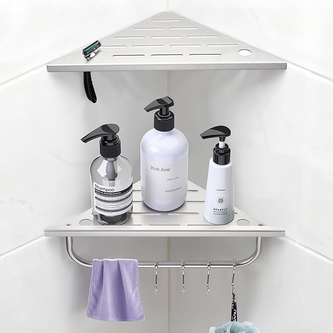 Shower Corner Shelf, 10'' Corner Shower Shelf with Towel Bar & Hooks, 2-Pack 304 Stainless Steel Recessed Bathroom Shelves, No Drilling for Tiled Wall (Brushed Nickel)