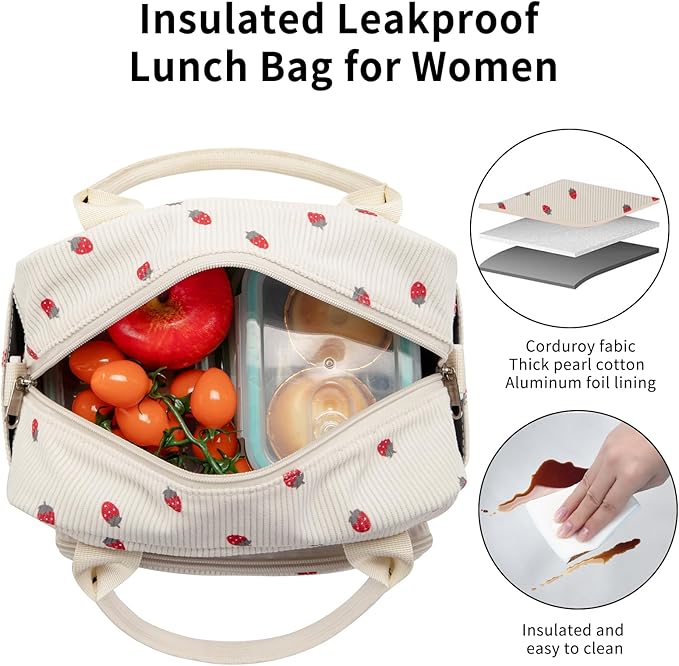 Lunch Bag Women Lunch Box for Women Adult Cute Insulated Lunch Bag Lager Cooler Lunch Tote Bags for Work Picnic (Light Yellow-Strawberry)