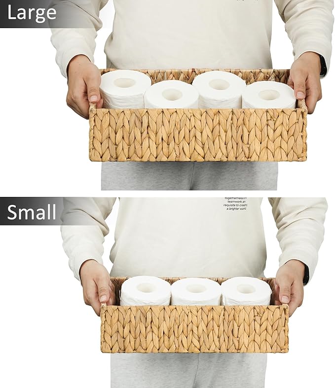 Nesting Small Wicker Basket, Water Hyacinth Toilet Paper Baskets Bathroom Organizer Woven Long Narrow Baskets for Organizing Pantry Bathroom Toilet Tank, 2 Pack