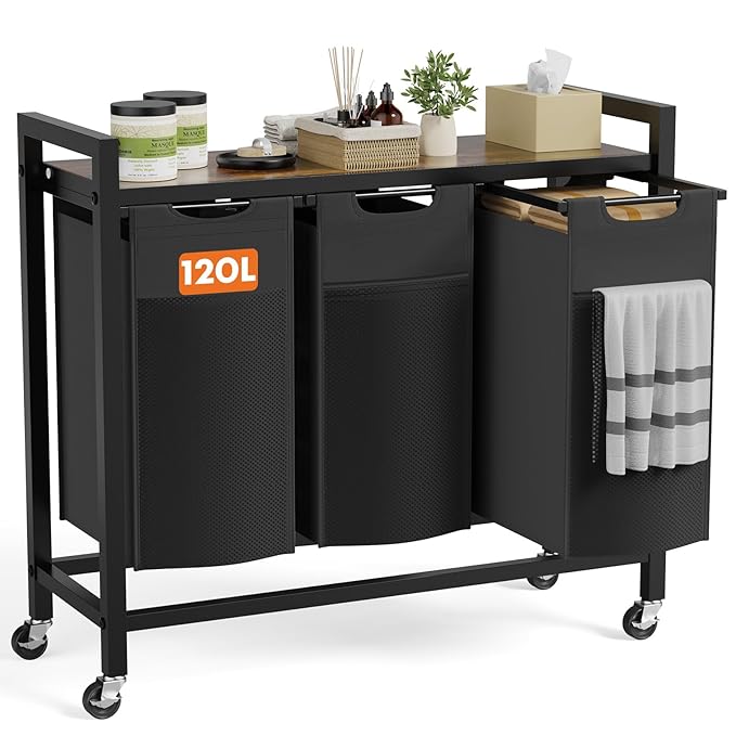 DUMOS Laundry Hamper with 3 Pull-Out Removable Sorter Bags, Movable Wheels, Freestanding Clothes Basket Organizer in Bathroom, 3 × 10.6 Gal (120L) Capacity, Rustic Brown and Black