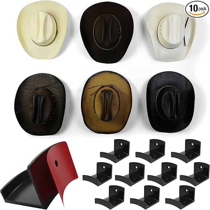 Modern JP Adhesive Hat Hooks for Wall (10-Pack) - Cowboy Hat Rack, Wide Brim Hat Organizer, Strong Hold Hat Hangers for Wall - Black