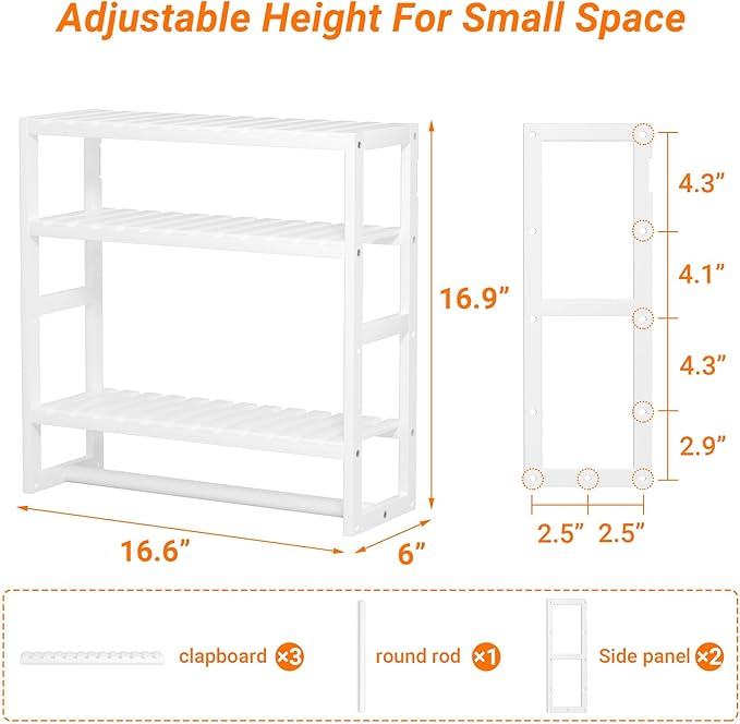 PPN Towel Rack Bathroom Storage Shelves Over The Toilet with Towel Bar 100% Bamboo Adjustable Height Floating Shelf Wall Shower Shelf for Small Space Bathroom Kitchen Multi Usage (White-1Pack)