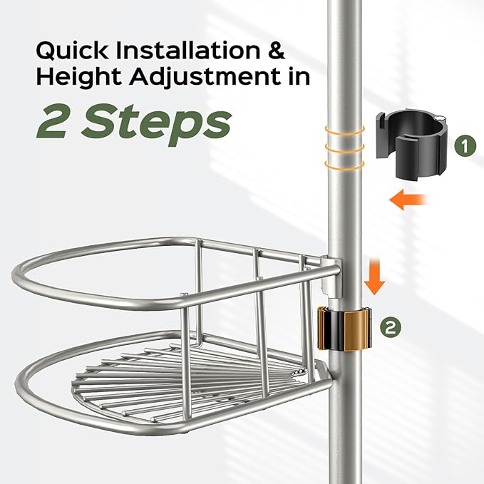 HAMITOR Shower Caddy Tension Pole: 4-Tier Rustproof Bathroom Corner Shelf Organizer for Renter - No Drill Large Shampoo Storage Rack - Adjustable 47-121" - Space Saving Bathtub Accessory - Silver Gray