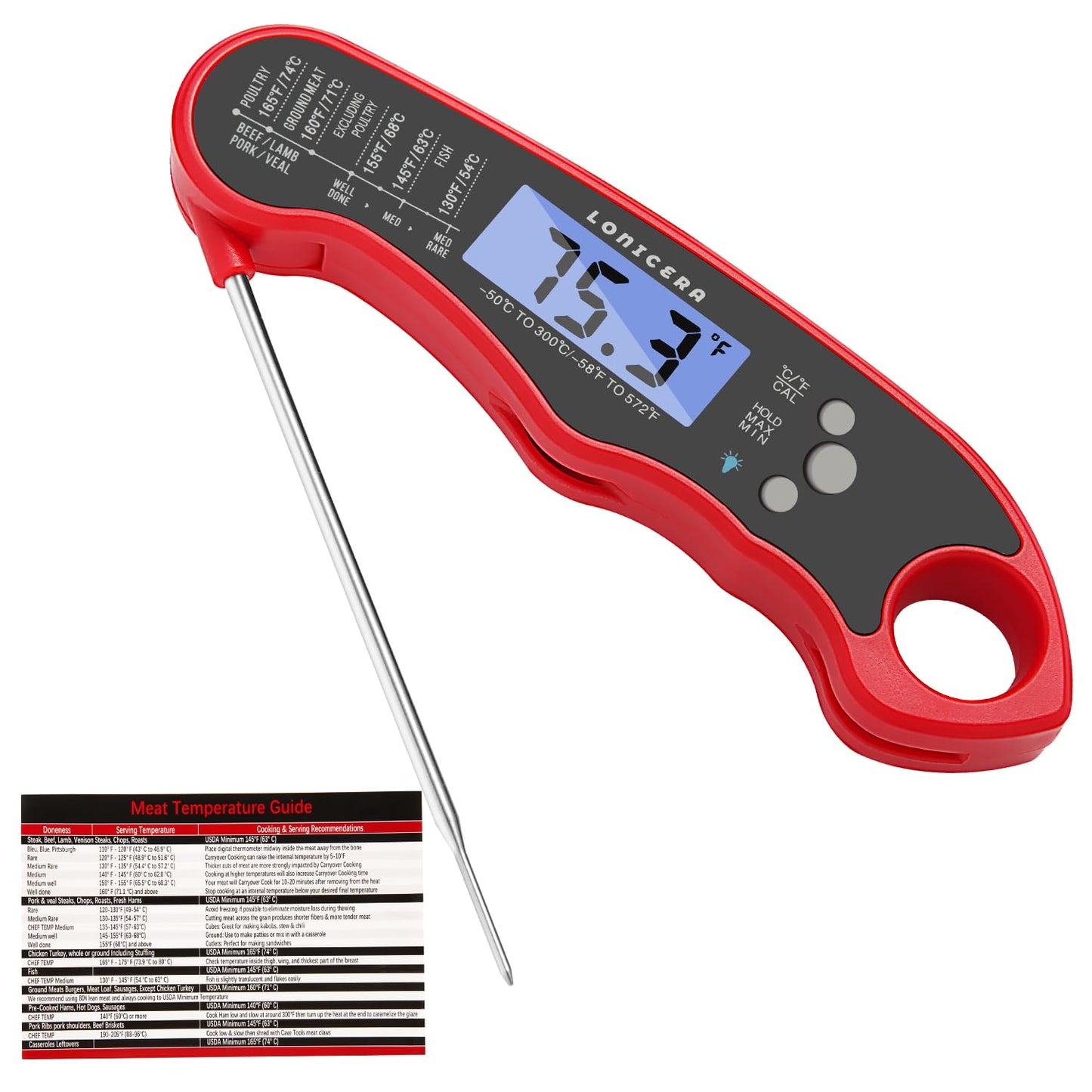 LONICERA Digital Meat Thermometer, Instant Read 1-2 s, Foldable Probe, Red