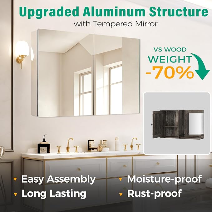 14 x 18 in Medicine Cabinet Mirror,Bathroom Mirror Cabinet with Adjustable Shelves, Aluminum Silver Medicine Cabinets for Bathroom,Vanity Decor,Wall Mounted or Recessed