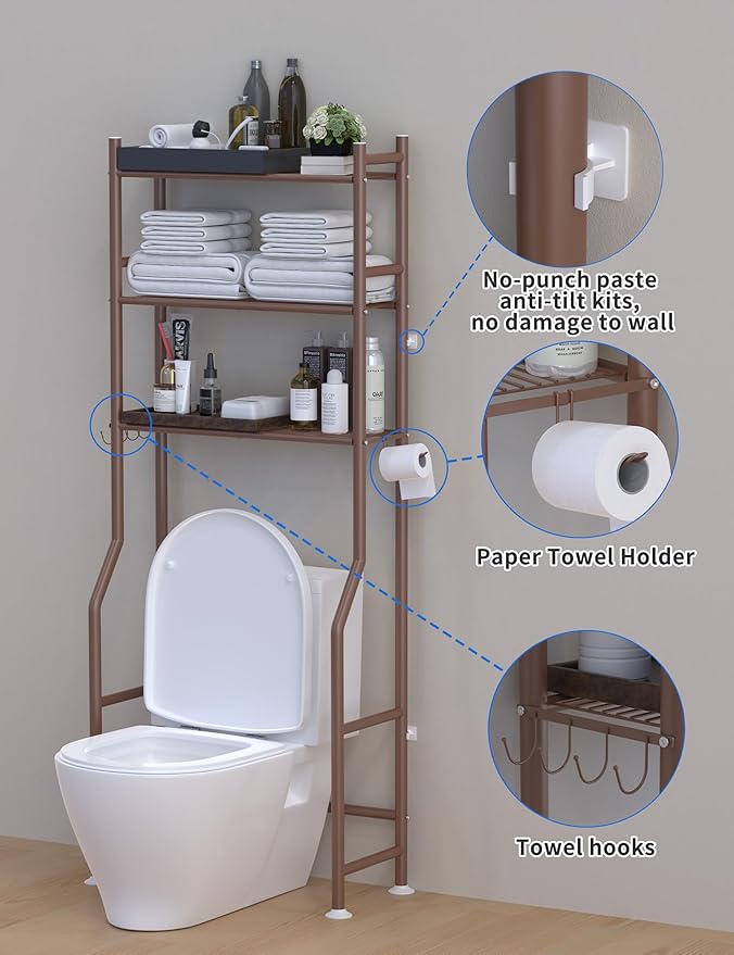 3-Tier Over The Toilet Storage, Freestanding Metal Bathroom Shelves with 4 Hooks, Over Toilet Storage Shelf with Paper Holder, Above The Toilet Shelf for Bathroom Storage, Bronze