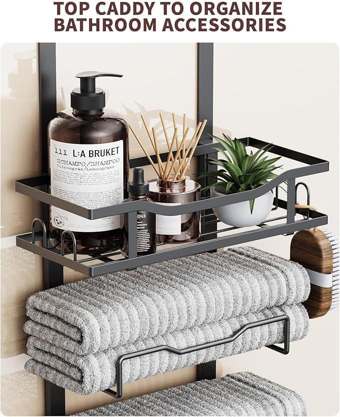 Hanging Towel Racks for Bathroom No Drill - Over The Door 8-Tier Bath Towel Storage Organizer for Small Bathrooms - Back Door Large Tiered Towel Holder Hanger for Rolled Towels RV Camper BLACK