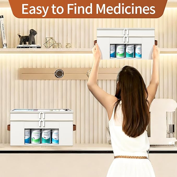 Medicine Organizer for Cabinet, 2-Tier Foldable Medicine Storage Box with Clear Cover and Leather Handle, Empty First Aid Kit for Home and Travel