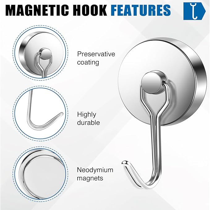 LOVIMAG Hooks, 120lbs+ Magnetic Magnet Hook 2025 Cruise Cabin Ship Essentials Heavy Duty Strong Refrigerator Fridge Hanging for Classroom Beach Vacation Kitchen Grills Home Mug Hanger (6 Pack), Silver
