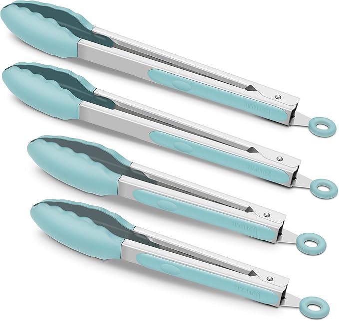 4-Pack Green Silicone Kitchen Tongs Set, 9 & 12 Inch, Stainless Steel