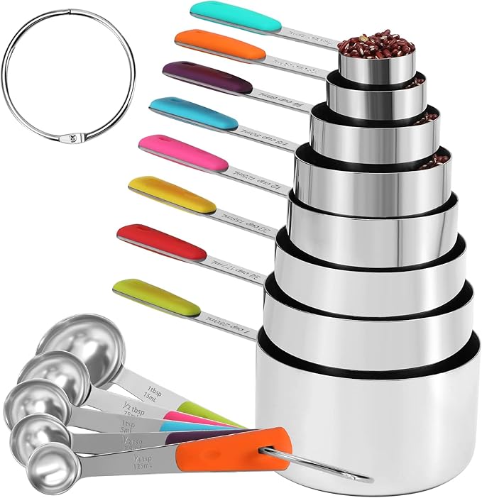 Bopei Measuring Cups and Spoons Set Stainless Steel 10 Piece for Cooking and Baking (5 Cups + 5 Spoons, Colorful Handles)