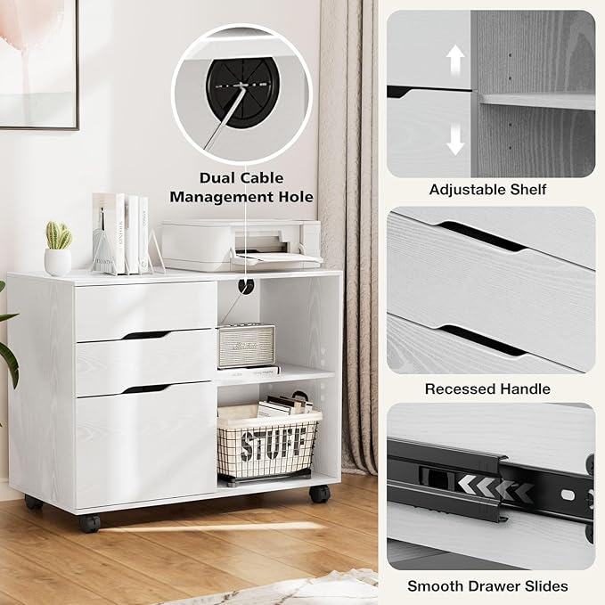 DUMOS Lateral File Cabinet with 3 Drawers Rolling Filing Cabinets Under Desk Storage Printer Stand Wood Organizer with Wheels Adjustable Shelf for Office Home Small Space, White