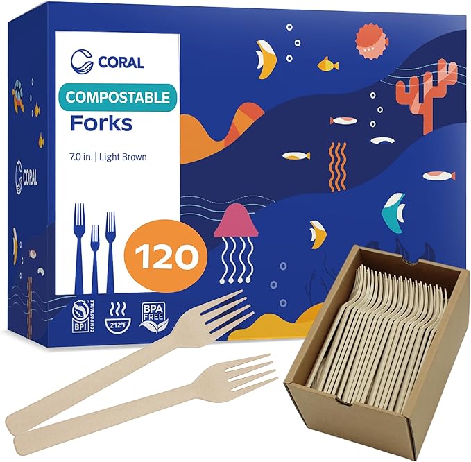CORAL Light Brown 100% Compostable Spoons - 120 Heavy Duty No Plastic Spoons (6.5 inch) - Break Resistant with Smooth Edges, Ocean Friendly Alternative to Plastic Utensils - Biodegradable & Disposable