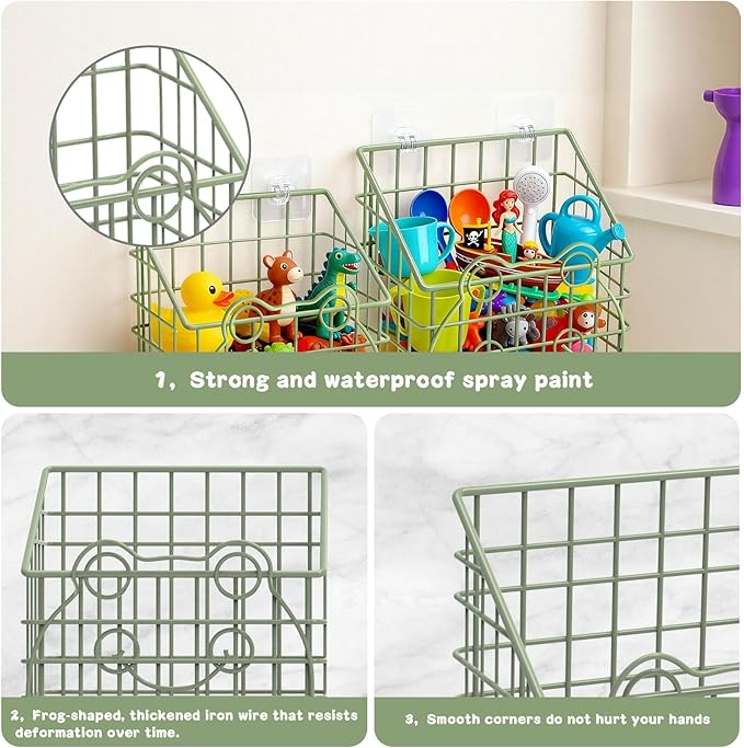 2 PackBath Toy Organizer, Wall Mounted Shower Storage Basket - Metal Bathtub Toy Holder with Hooks for Sorting Kids Toys, Baby Bath Accessories, Toiletries & Shampoo（Green frog）