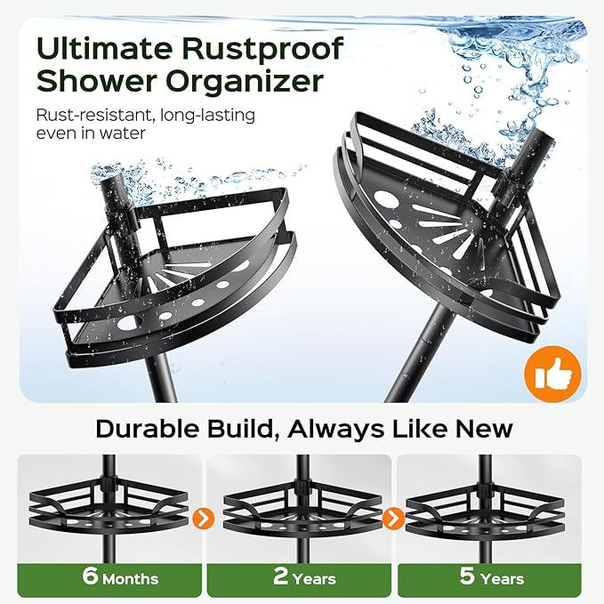 HAMITOR Shower Caddy Tension Pole: Rustproof Bathroom Corner Shelf for Renters, 47-121inches Adjustable Organizer with Soap Holder-Large Capacity Rack for Shampoo Storage Home Accessory - Black