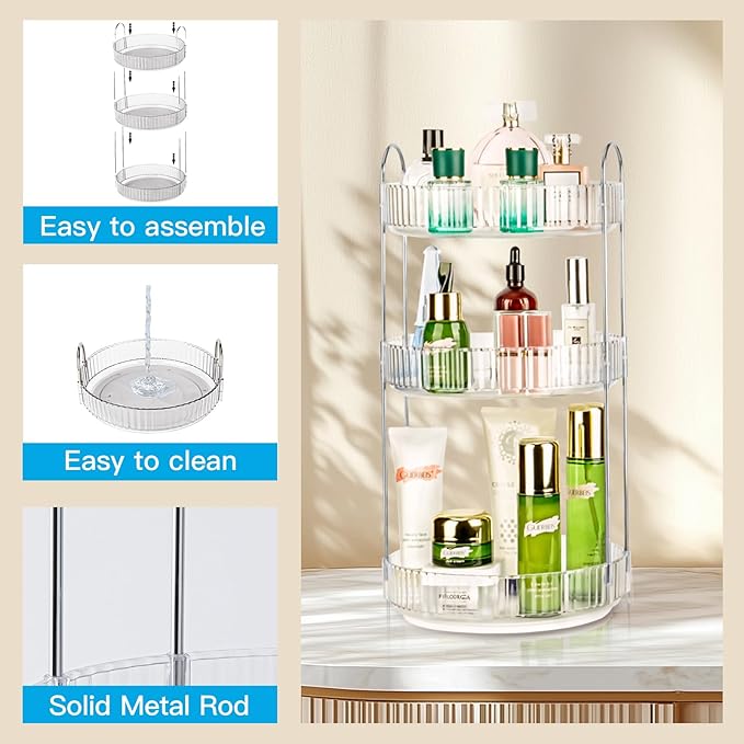 360 Rotating Makeup Organizer, 3 Tier Large Capacity Lazy Susan Bathroom Counter Organizer, Skincare Organizers, Spinning Perfume Organizer & Vanity Organizer Countertop (Silver Clear, 3 Tier)